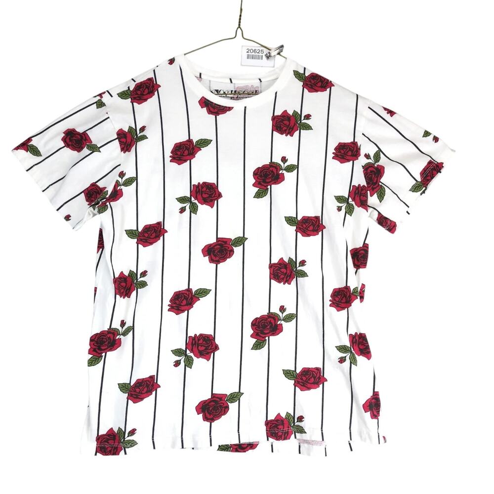 Knickerbocker Striped Red Roses T-Shirt Women's L Short Sleeves Whimsigoth Artsy